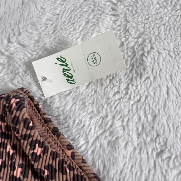 Aerie Cheekiest High Cut Bikini Bottom Leopard Print Ribbed Crinkle Brown Medium - Picture 10 of 11